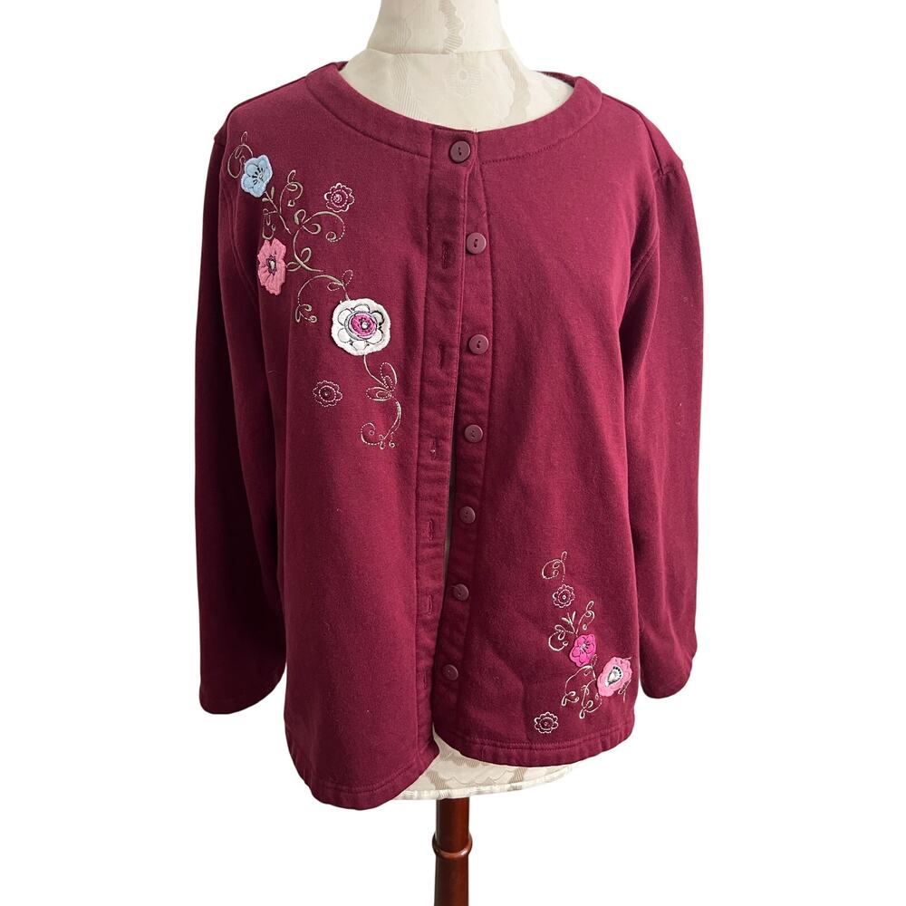 Falls Creek Embroidered Fleece Lined Button Up Cardigan Large